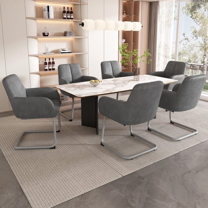 MODFU Eetkamerstoelenset - Ergonomisch Met Armleuningen - Modern - Voor Eetkamer - Leer - Grijs