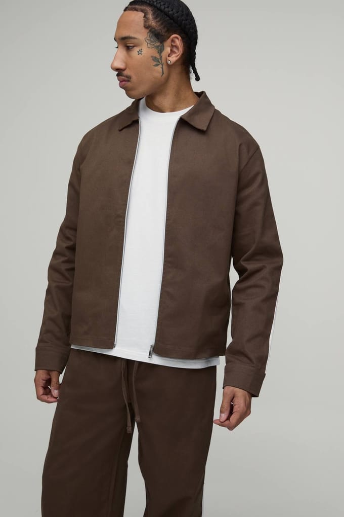Twill Contrast Tape Regular Zip Up Overshirt & Relaxed Chino Set | Chocolate | Size Small