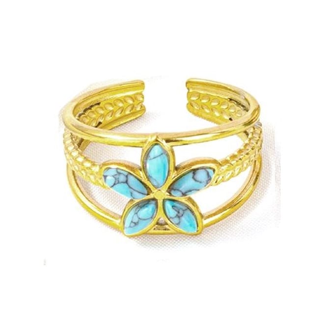 Ring met Bloem - RVS - One Size - Goudkleurig - Bloem met Steen Turquoise
