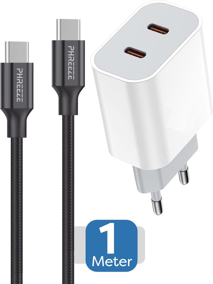Usb C Oplader 40w - Dubbele usb C Lader + usb C Kabel 1 Meter - Telefoon Oplader, Tablet Oplader, E reader Oplader - Snellader 2 Poorten