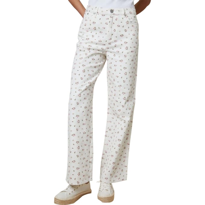 Threadbare Soleil-jeans met bloemenprint en wijde pijpen voor dames (Wit)