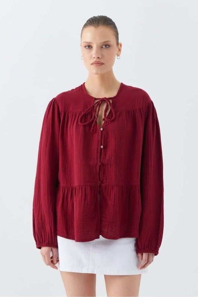 Lange Mouwen Losse Blouse met Strikhals