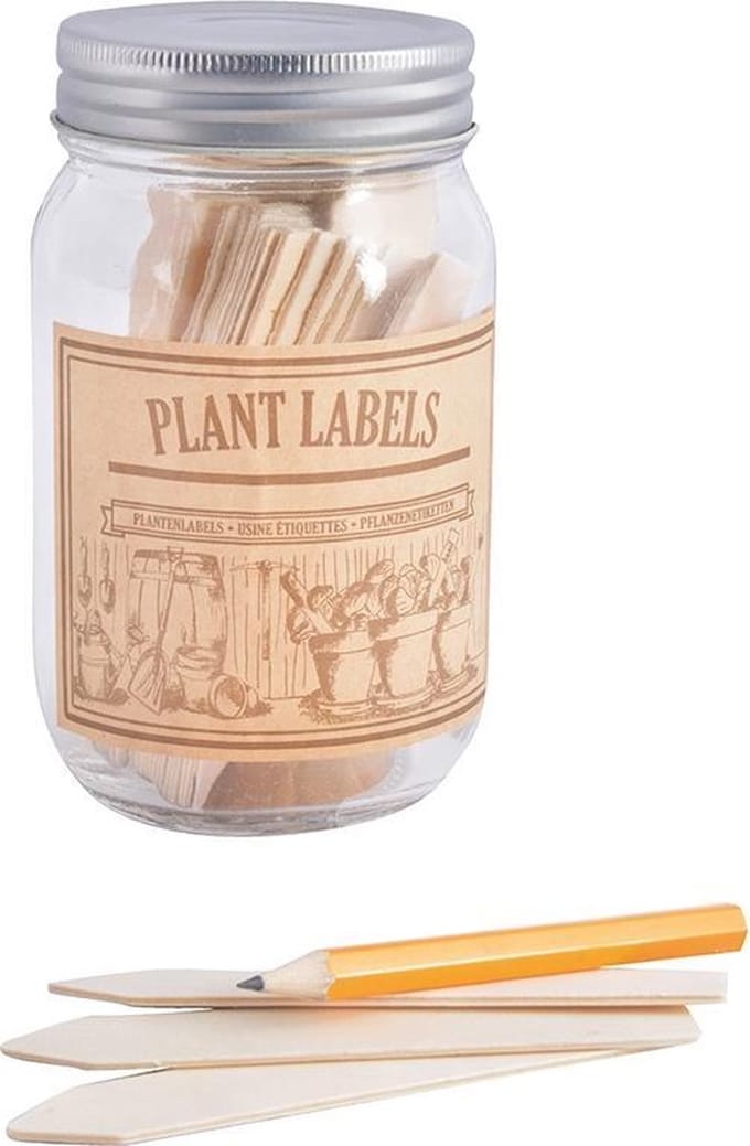 Houten plantenlabels in glazen pot