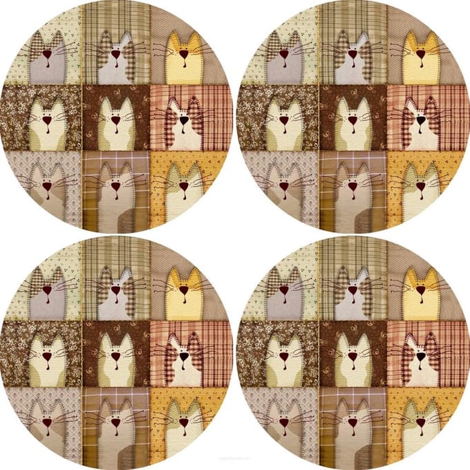 Bertoni - Placemats - tafelmatten set van 4 stuks - rond - 33 cm - bruin - kat Patroon