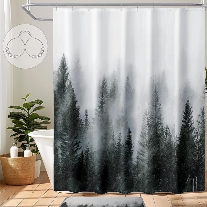 Famanu – Douchegordijn misty forest 183 x 183 cm – waterdicht polyester met haken