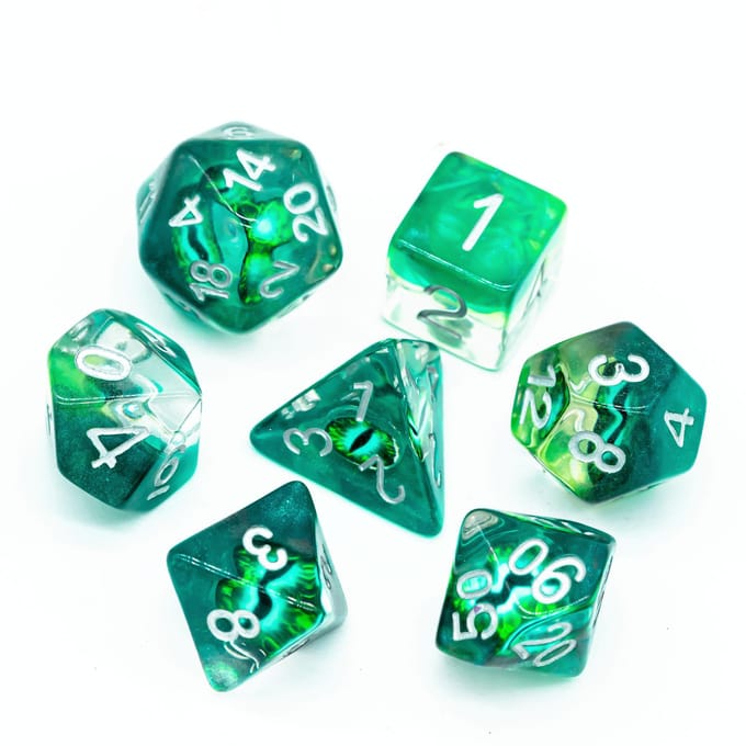 Cusdie Dés Œil de Dragon DND Set de 7 Dés Polyédriques Œil de Cyclope D4-D20 pour Jeux de Rôle sur Table Dungeons & Dragons vert