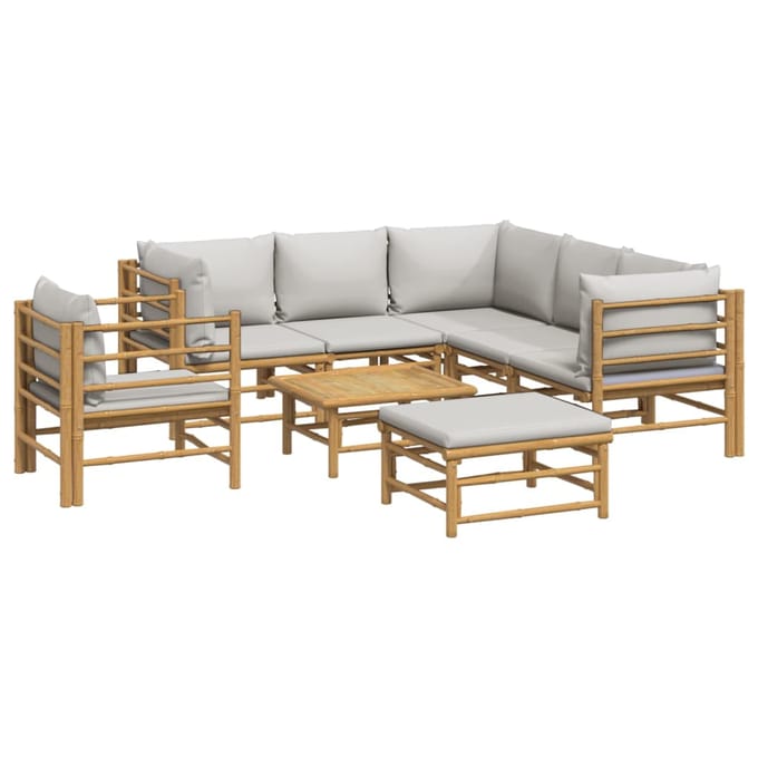 vidaXL - 8-delige - Loungeset - met - kussens - bamboe - lichtgrijs