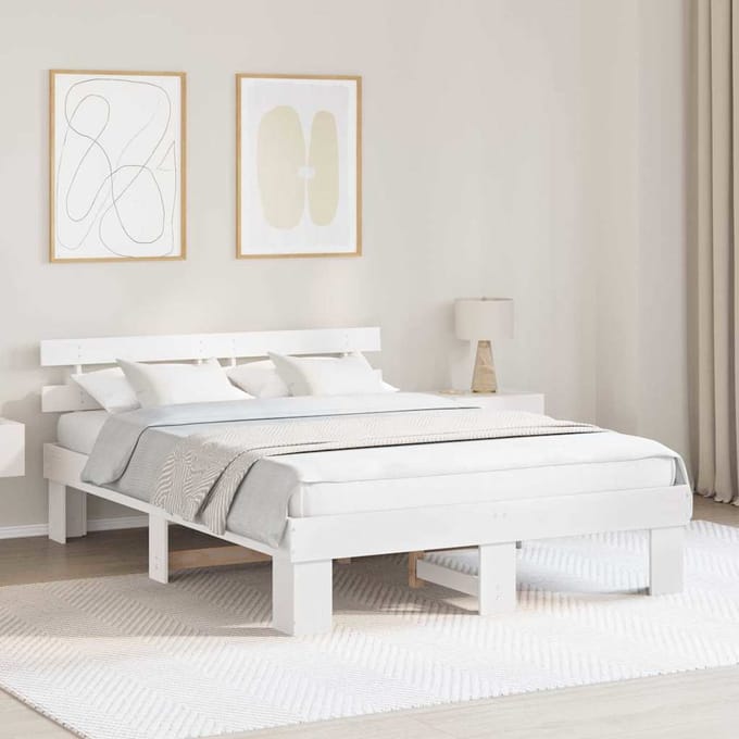 vidaXL - Bedframe - met - hoofdeinde - Wit - 150 - x - 200 - cm - Massief - grenenhout