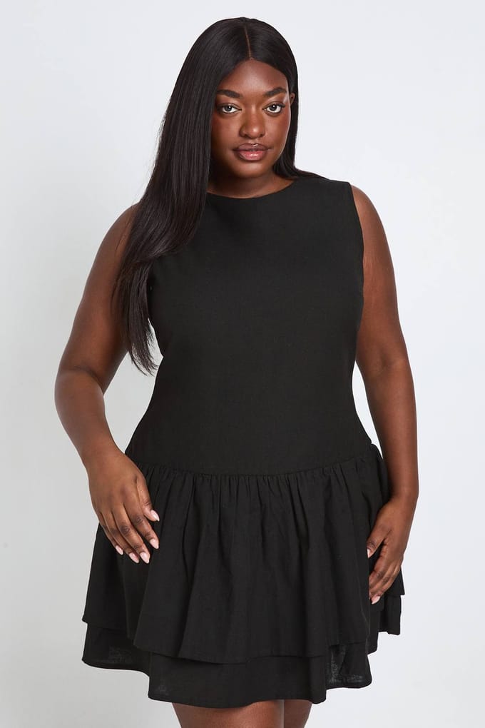 boohoo Dames Plus Linnen Dubbele Laag Smock Jurk | Zwart | Maat: 44
