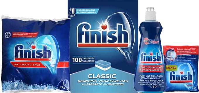 Finish starter pack voor de vaatwasser - Vaatwaszout + Glansspoelmiddel + vaatwasmiddel + machinereiniger in een doos