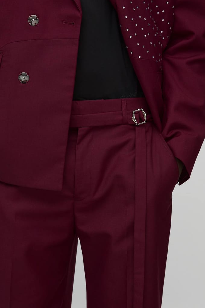 Embellished Belted Wide Leg Suit Trousers | Red | Size 42
