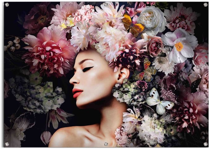 Tuinposter Vrouw met bloemenhoed - 100 x 140 - Canvas - REINDERS