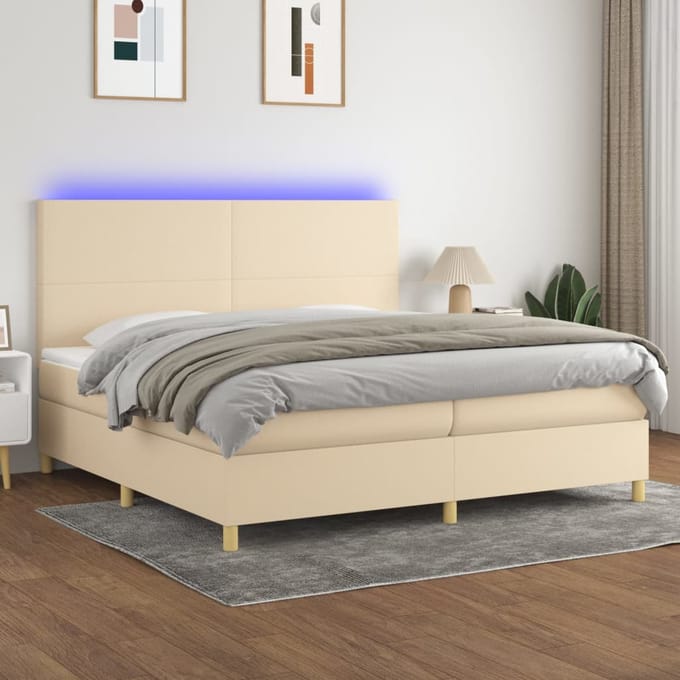 vidaXL - Boxspring - met - matras - en - LED - stof - crèmekleurig - 200x200 - cm