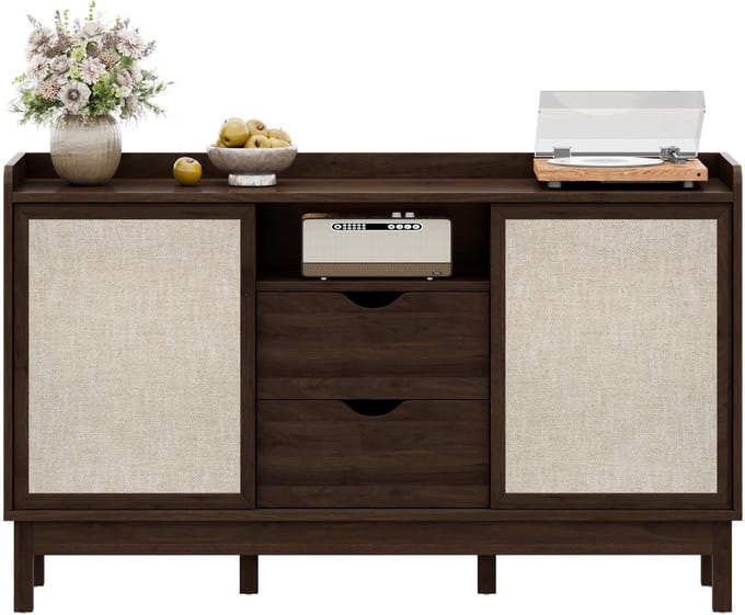 Dressoir - Met Schuifdeuren en Dubbele Lades - Opbergkast - Woon- en Eetkamer - Naturel