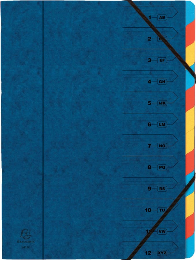 Exacompta 8x Sorteermap met vaste rug en elastosluiting - 12 indelingen - Blauw - 54122E