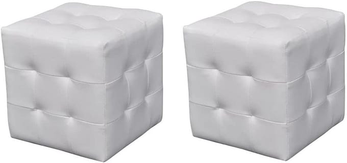 Set van 2 Kubus Poefen - Witte Voetenbank & Zitkruk