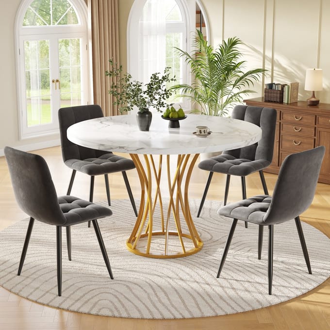 Eettafelset - Ø80 cm - Ronde Tafel Met 4 Stoelen - Modern Design - Metaal/Goud + Marmorlook/Wit + Fluweel/Grijs