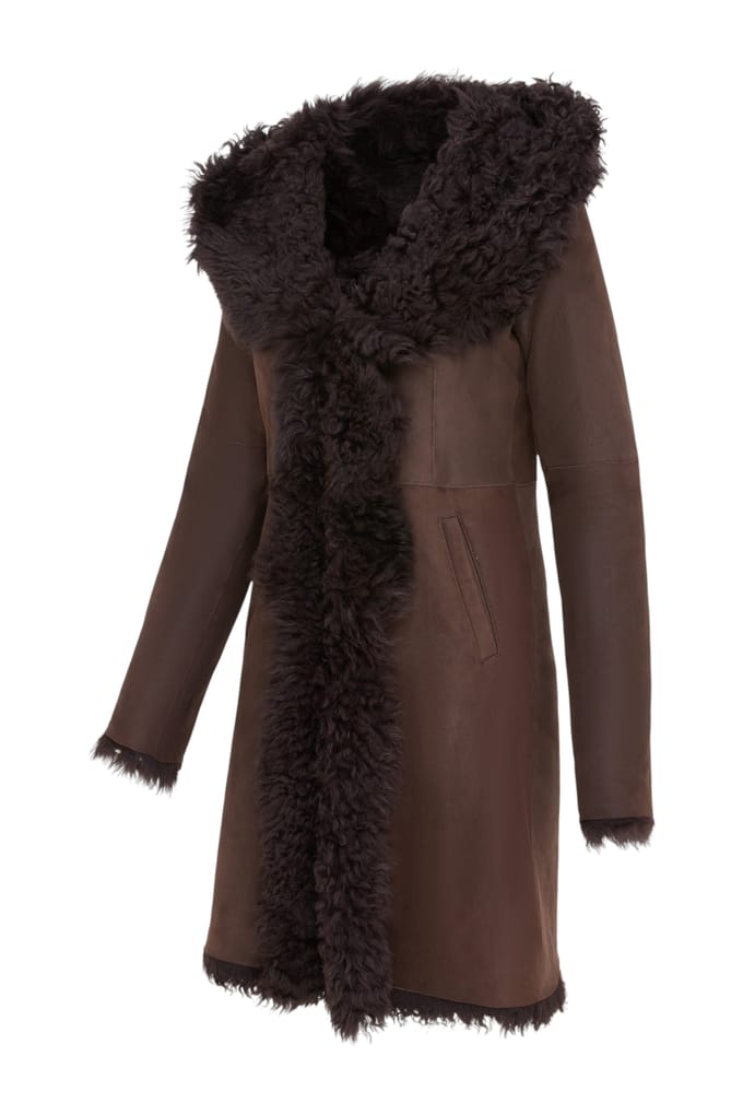 Dames bruine Toscaanse schapenvacht leren trenchcoat met capuchon - Coast