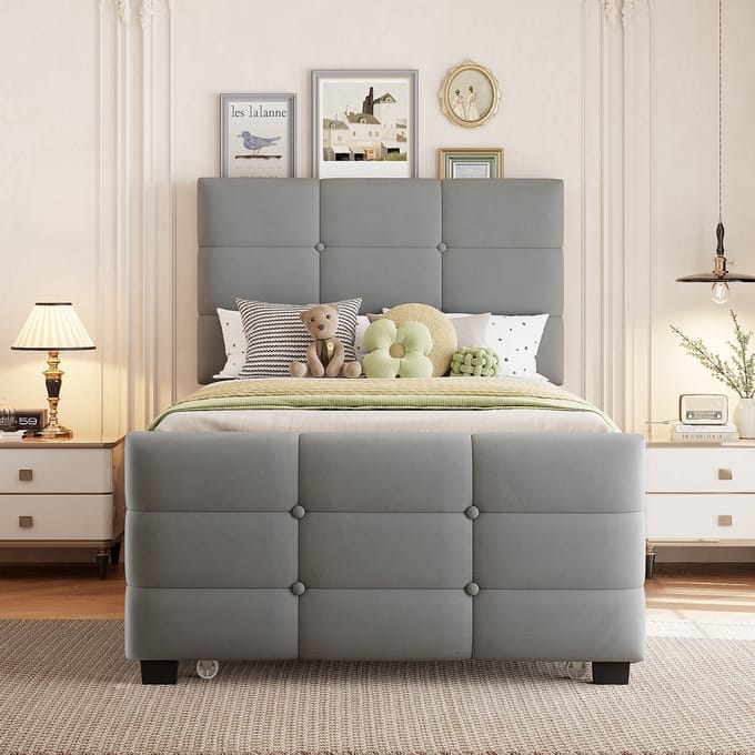 90 x 190 cm gestoffeerd bed - met uitschuifbaar bed - vlak bed van fluweel - kinderbed - grijs - zonder matras