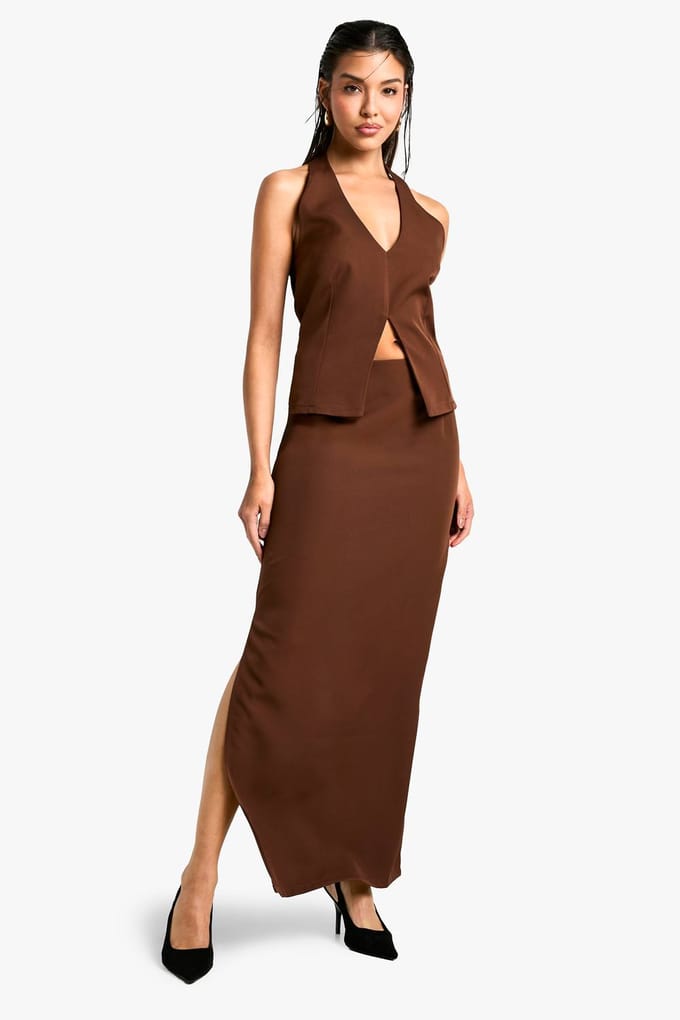 boohoo Dames Geweven op maat gemaakte midaxi-rok | Chocoladebruin | Maat: 36