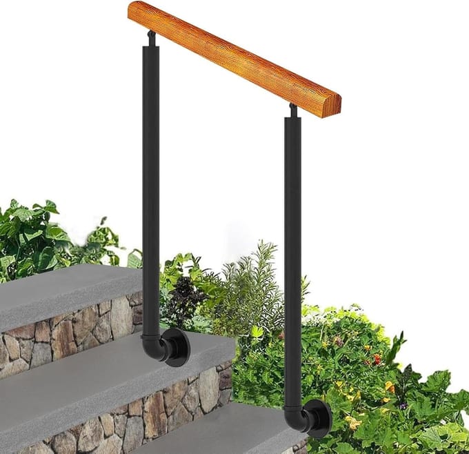 Buiten Leuning - Trapleuning Veranda - Veilig Traplopen - Massief Hout Smeedijzer - 85 cm Hoog - Natuurlijk