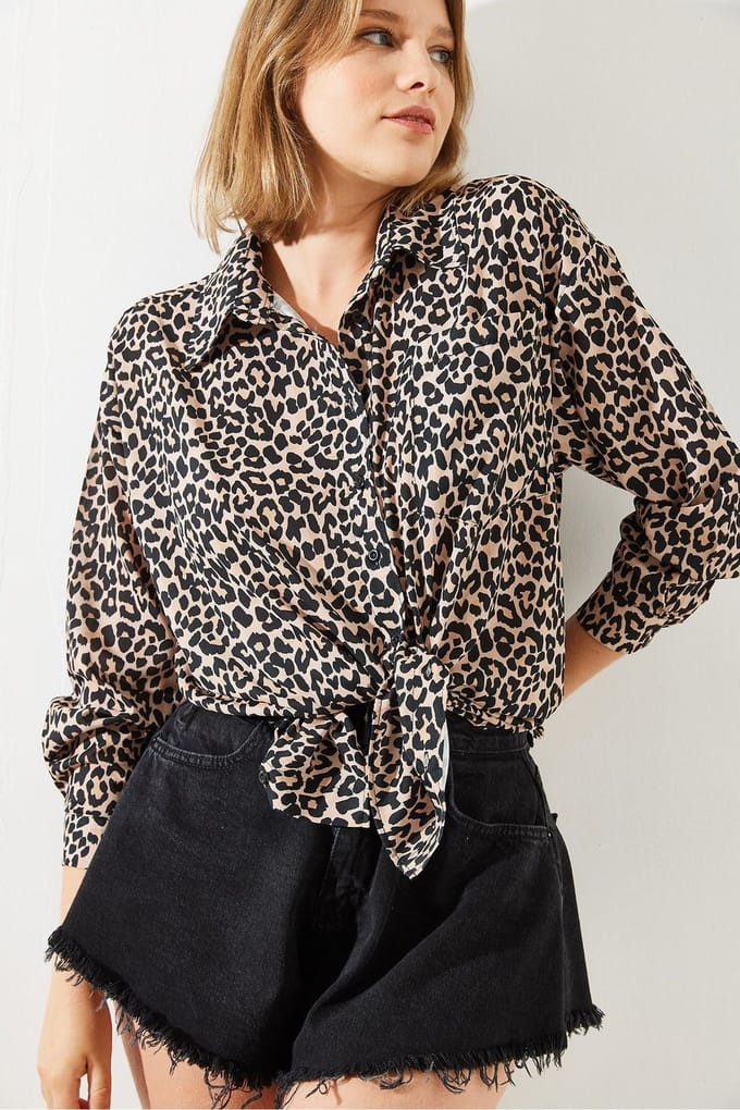 Luipaardprint Lange Mouwen Overhemd met Pompondetails