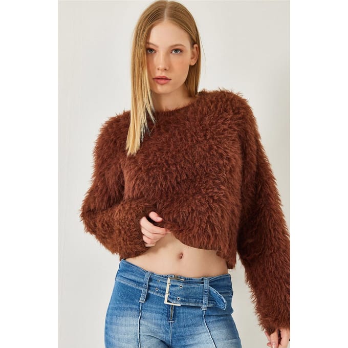 Gestructureerde Crewneck Crop Trui met Pluche Detail