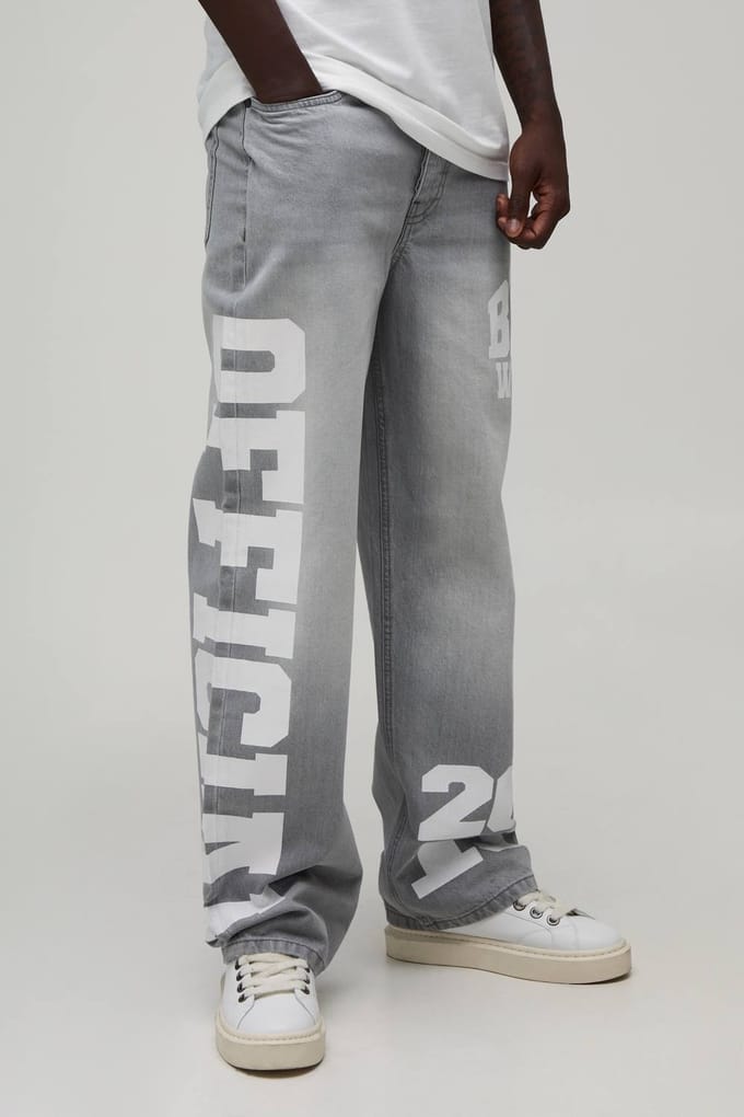Relaxed Rigid Officiële Varsity Print Denim Jeans | Ice Grey | Size 28