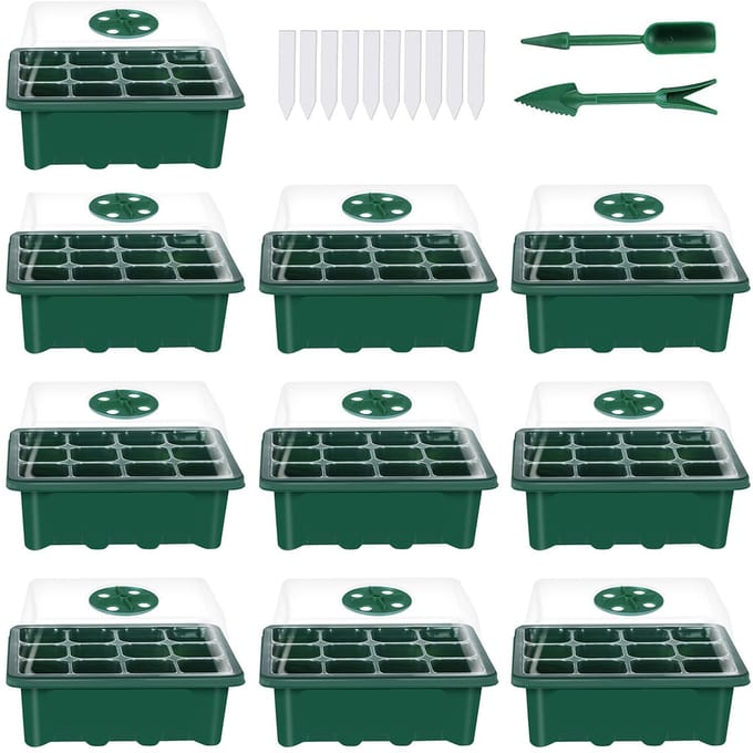 10 Set Zaadtrays Zaailingen Startertray (12 Cellen per Tray) met Verstelbare Koepeldeksels en Basis Plus groen