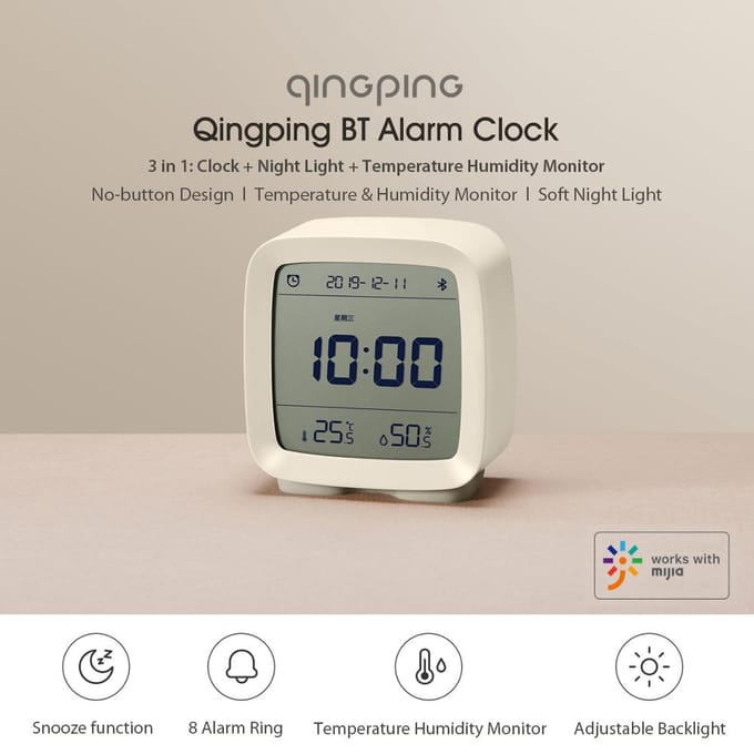 Qingping BT Wekker Temperatuur Vochtigheidsbewaking Nachtlampje 3 in 1 Multifunctionele Klok blauw