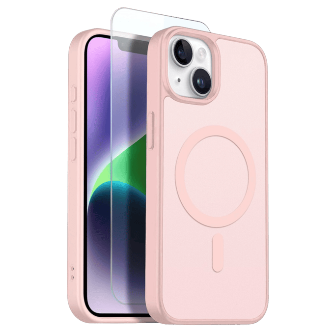 Northjo 2-in-1 iPhone 14 Hoesje – Shockproof, MagSafe + Screenprotector Roze