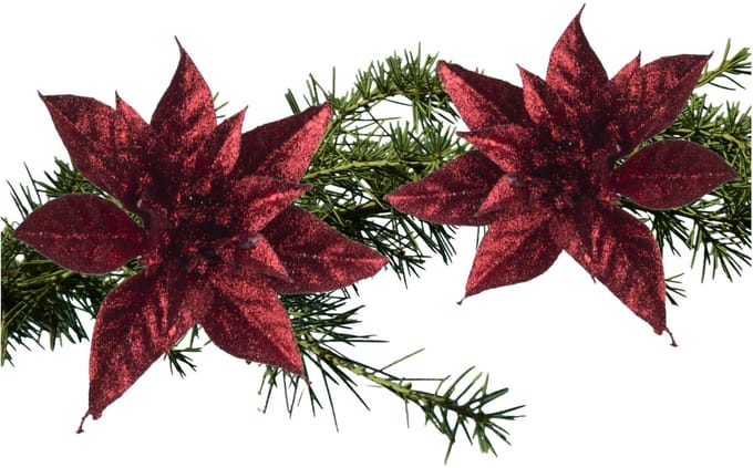 Kerstboomversiering Kerstster - 2x - 15 cm - rood glitter - op clip - ornament