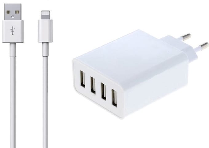 OneOne 5A lader met 4 poorten + 1,5m OneOne Lightning kabel. Universele oplader adapter past op Apple iPhone 5, iPhone 5c, iPhone 5s, iPhone 6, 6 Plus, iPhone 6s, iPhone 7, iPhone 7 Plus, iPhone 8, 8 Plus, iPhone SE, iPhone X