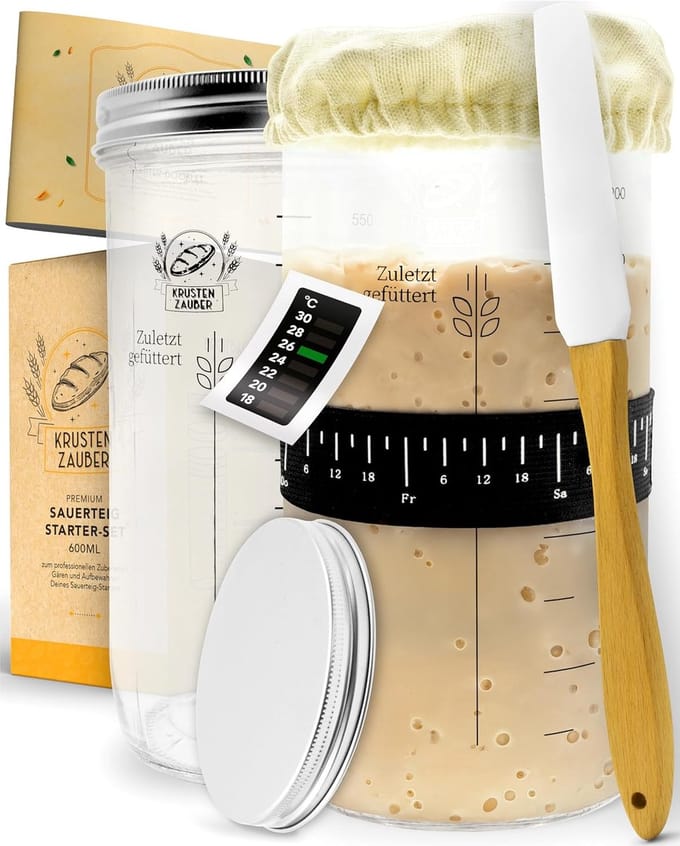 Zuurdesem Starterset - Broodbak Accessoires - Thuis Bakken - Inclusief Thermometer - 2 x 1000 ml - Beige