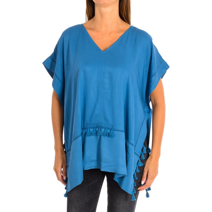 Losse poncho met V-hals kwastjes 8949 dames