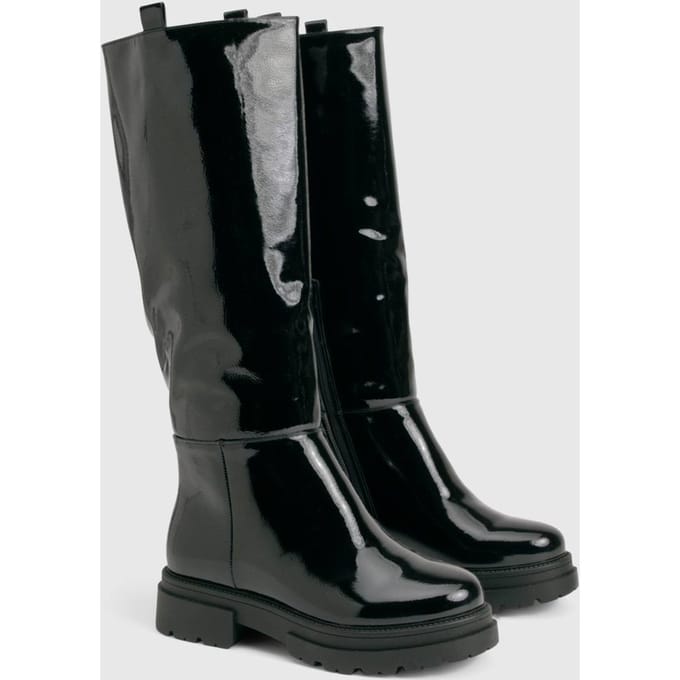 boohoo Dames Wijd passende Crinkle Tab kniehoge laarzen | Black | Maat: 4