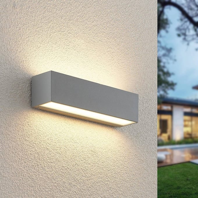 Lucande LED buiten wandlamp Lengo 25 cm zilver up/down 3.000K