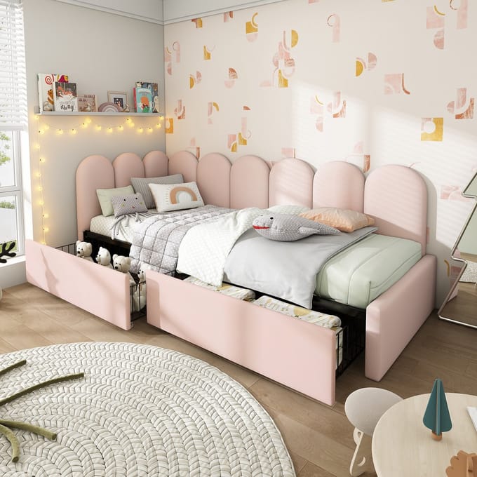 MODFU - Bedframe 90x190 cm – Roze fluweel met 2 lades – Daybed – L-vormig