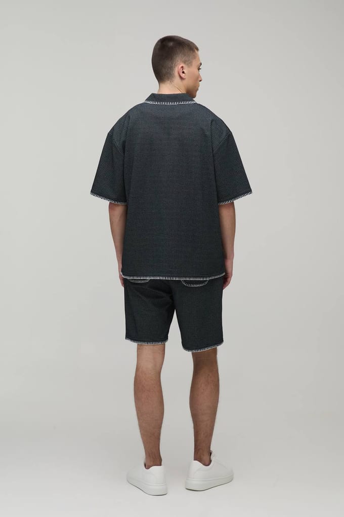 Waffle Contrast Stitch Oversized V-Neck Shirt & Baggy Short Set | Black | Size Medium