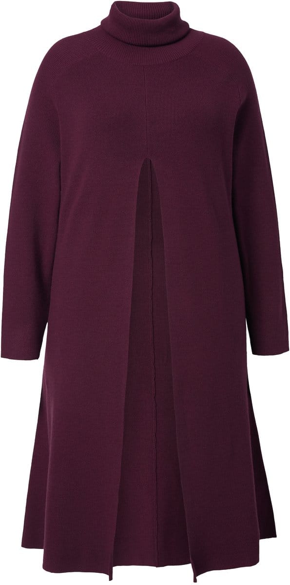 Ulla Popken - Dames - Lange pullover A-lijn opstaande kraag lange mouwen - Pruim - Maat 54+