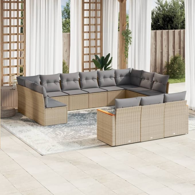vidaXL - 13-delige - Loungeset - met - kussens - poly - rattan - gemengd - beige