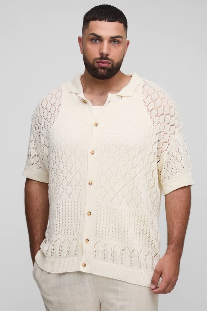 Plus Open Stitch Crochet Ontspannen Poloshirt | Ecru | Size 3XL