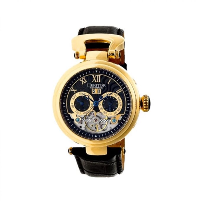 Heritor Automatic Ganzi Semi-Skelet Horloge met Leren Band - Goud/Zwart