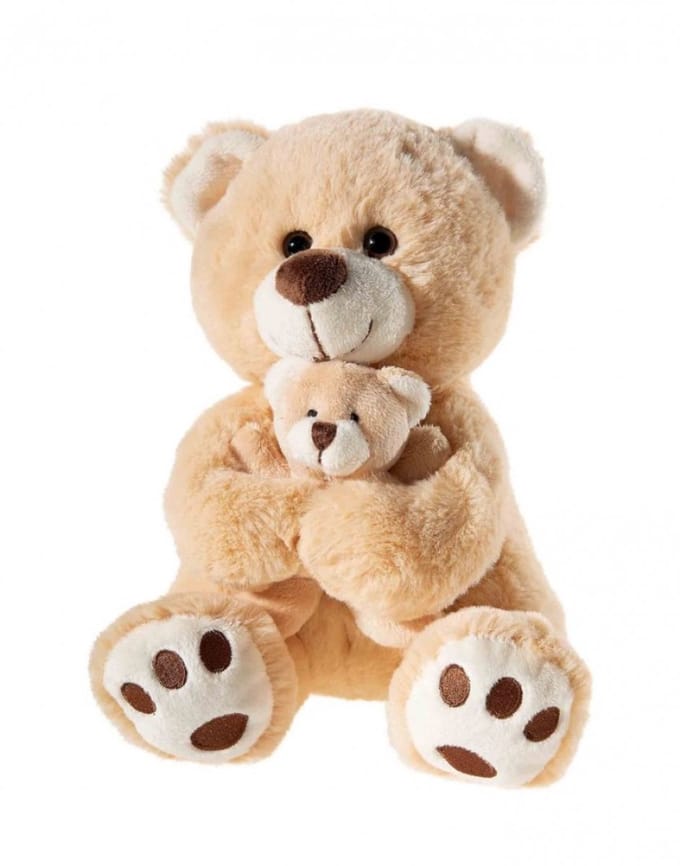 Heunec knuffelbeer met babybeer lichtbruin - pluche speelgoed 25cm.