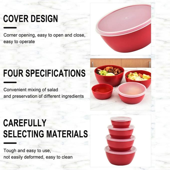 Ronde 4-delige plastic kom Outdoor Draagbare Voedselcontainer Kom Groente Mengkom One Size rood