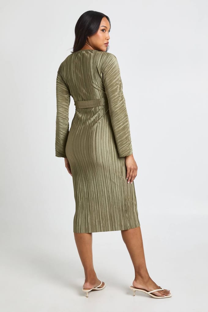 boohoo Dames Zwangerschaps Plisse Midi Jurk met Riem | Kaki | Maat: 36