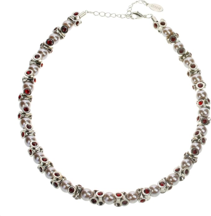 Behave - Klassiek parelcollier met steentjes - 41 cm + 5 cm verlengketting - Rood
