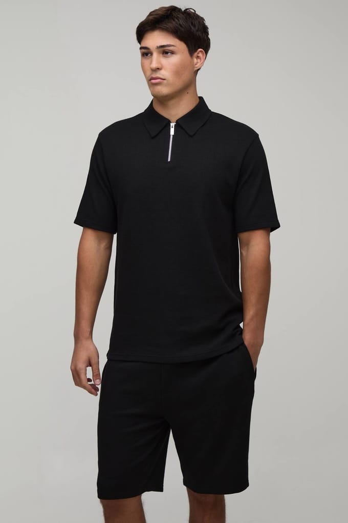 Lange Slanke Pasvorm Wafel Ritshals Polo & Shorts Set | Black | Size Small