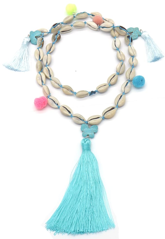 Lange Ketting Boho - Kwasten en Schelpen - Lengte 90 cm - Blauw