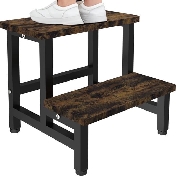 Houten Opstapje - Dubbele Trede - Keuken Hulp - Extra Stevig Ontwerp - 35 Cm Hoog - Rustiek Bruin